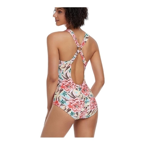 Liora Floral Print Deep V Neck Ring Front and Back One Piece Swimsuit NWT - Picture 2 of 6